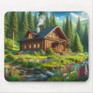 Log Cabin, Stream and Flowers in the Woods Mouse Mat