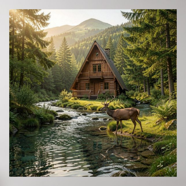 Log Cabin, Stream, Mountains and Deer Nature Art Poster (Front)