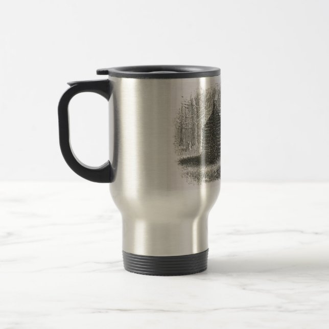 log cabin travel mug | 1800s cabin engraving (Left)
