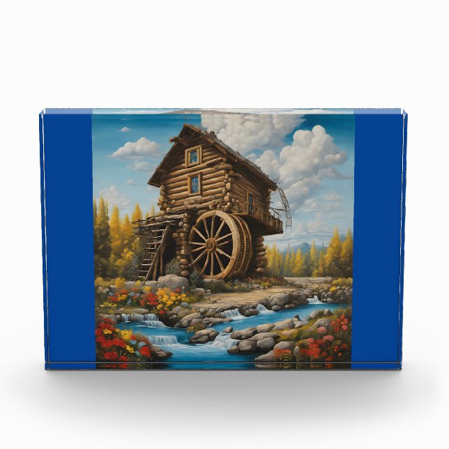 Log Cabin Water Wheel River Photo Block (Front)