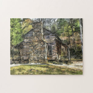 LOG CABIN WATERCOLOR ART jigsaw Puzzle