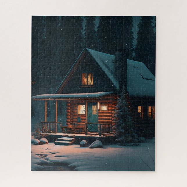 LOG CABIN WINTER CHRISTMAS  JIGSAW PUZZLE (Vertical)