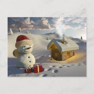 Log house in the snow at Christmas Holiday Postcard