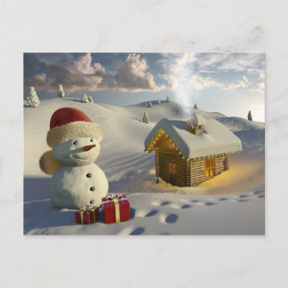 Log house in the snow at Christmas Holiday Postcard