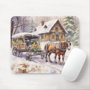 Log House In the Winter Farmyard Mouse Mat