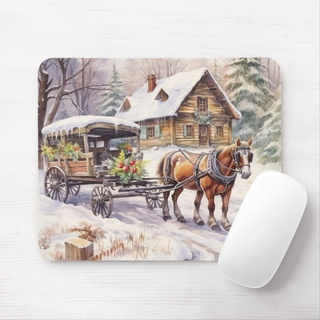 Log House In the Winter Farmyard Mouse Mat (With Mouse)