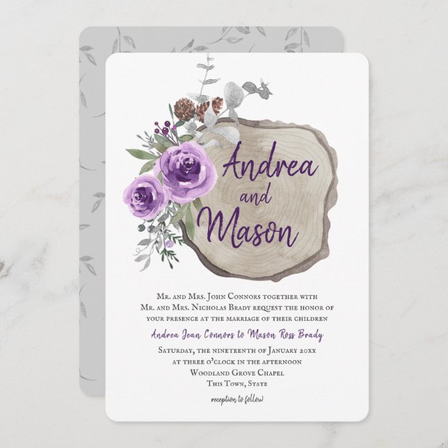 Log Slice Purple Rose and Eucalyptus Wedding Invitation (Front/Back)