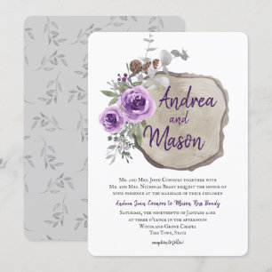 Log Slice Purple Rose and Eucalyptus Wedding Invitation