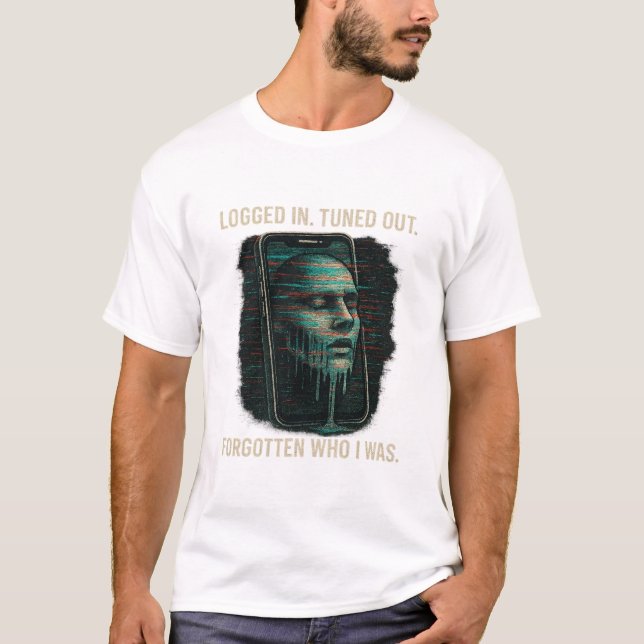 Logged In, Tuned Out – Glitched Identity Tech Art T-Shirt (Front)