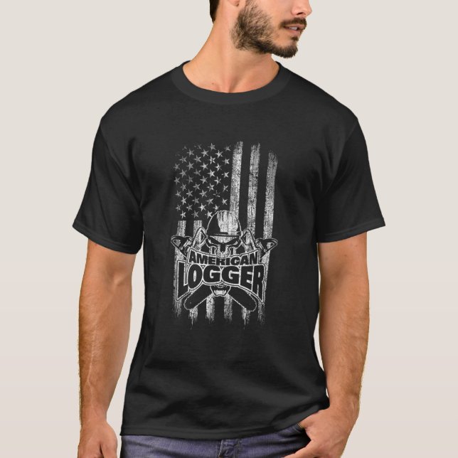 Logger T Shirt American Flag Skull and Chainsaws (Front)
