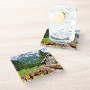 Logging Camp in the Forest with Mountains Glass Coaster