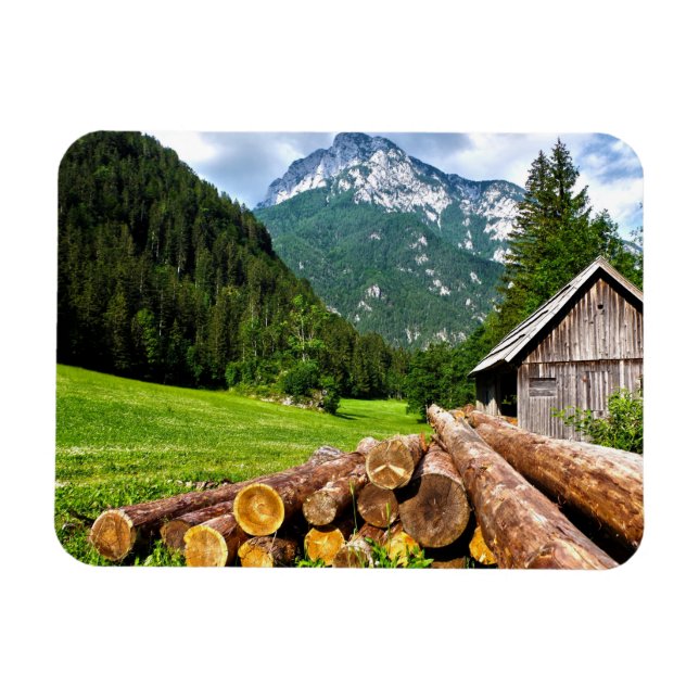 Logging Camp in the Forest with Mountains Magnet (Horizontal)