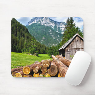 Logging Camp in the Forest with Mountains Mouse Mat