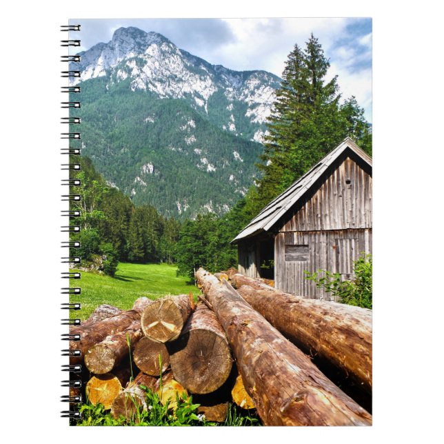 Logging Camp in the Forest with Mountains Notebook (Front)