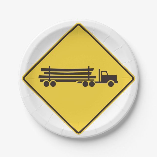 Logging Trucks Road Sign Paper Plate (Front)