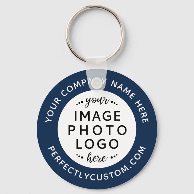 Logo and custom text blue white round keychain (Front)