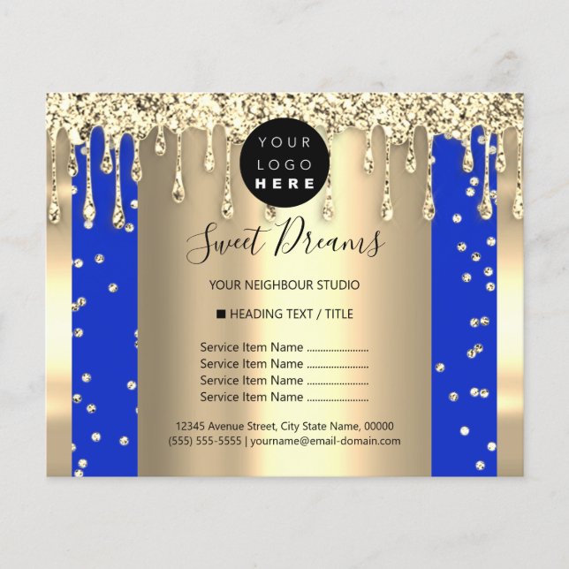 Logo Beauty Makeup Nails Price List Gold Drip Blue Flyer (Front)
