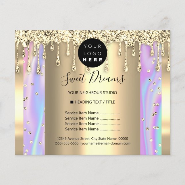 Logo Beauty Makeup Nails Price List Gold Holograph Flyer (Front)