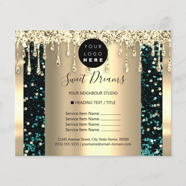 Logo Beauty Makeup Nails Price List Gold Teal Flyer (Front)