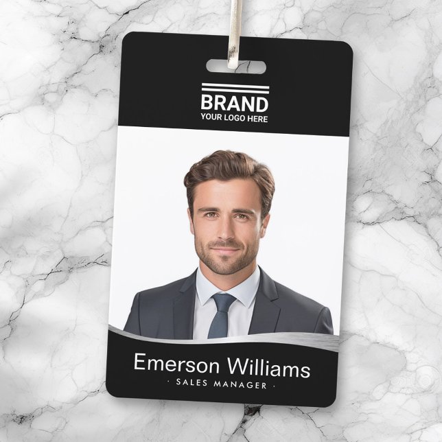 Logo black faux silver wave employee name id ID badge (Logo black faux silver wave employee name id badge)