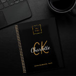 Logo black gold monogram modern 2023 business planner<br><div class="desc">A black background. Personalize and add your business logo,  monogram initials,  name and a title.  Golden and white letters. Your company logo both on front and on the back.</div>
