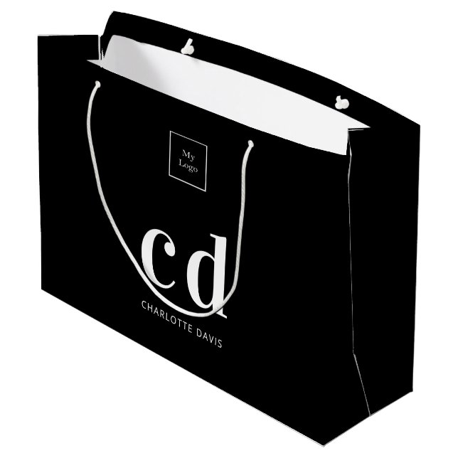 Logo black white monogram initials shopping large gift bag (Back Angled)