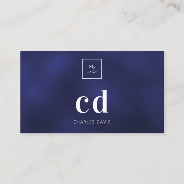 Logo blue white monogram initials minimalist business card (Front)