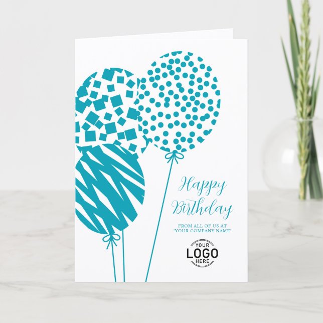 Logo Bright Teal Balloons Corporate Birthday Card (Front)