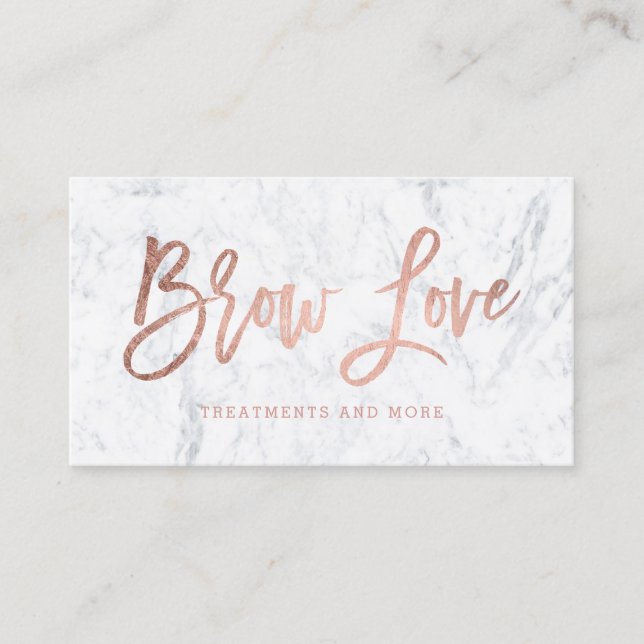 Logo brow faux rose gold typography white marble business card (Front)