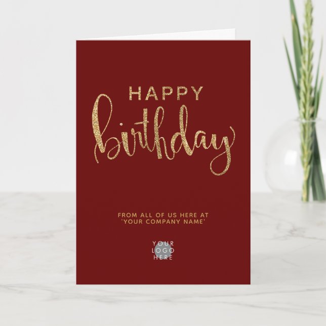 Logo Burgundy Elegant Faux Gold Happy Birthday Card (Front)