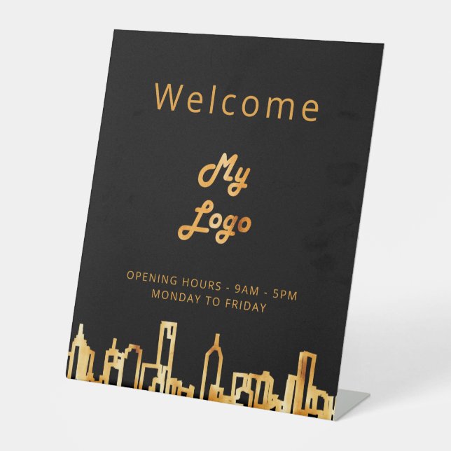 Logo business black gold city skyline welcome pedestal sign (Front)