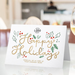 Logo Business Gold Lettering Happy Holidays White Card