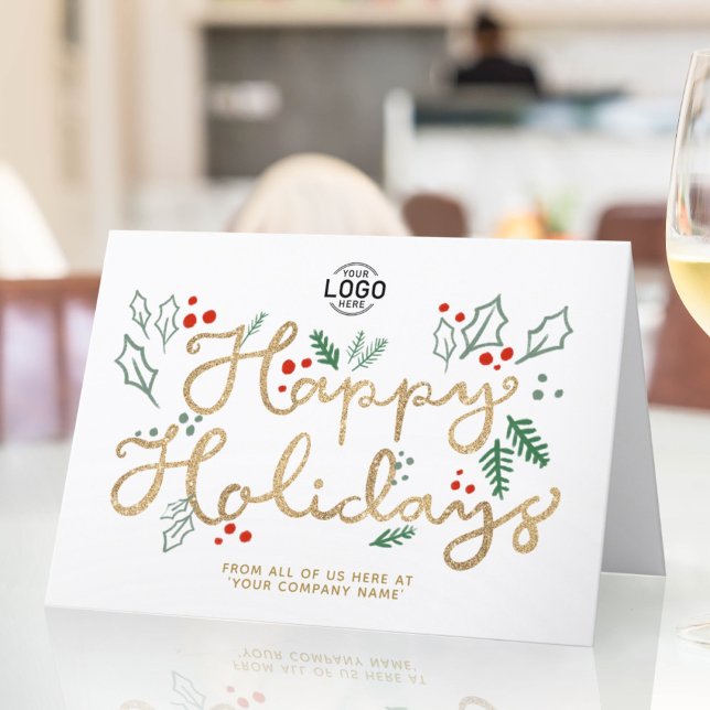 Logo Business Gold Lettering Happy Holidays White Card (Creator Uploaded)
