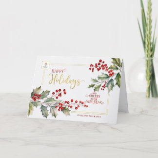 Logo Business Holly and Berries Elegant Holiday Card