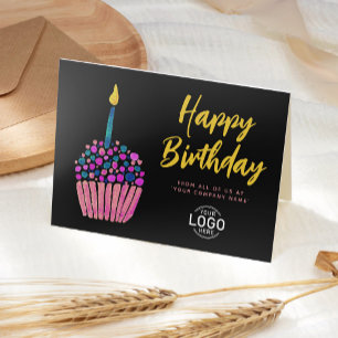 Logo Business Pink Blue Cupcake Black Birthday Card