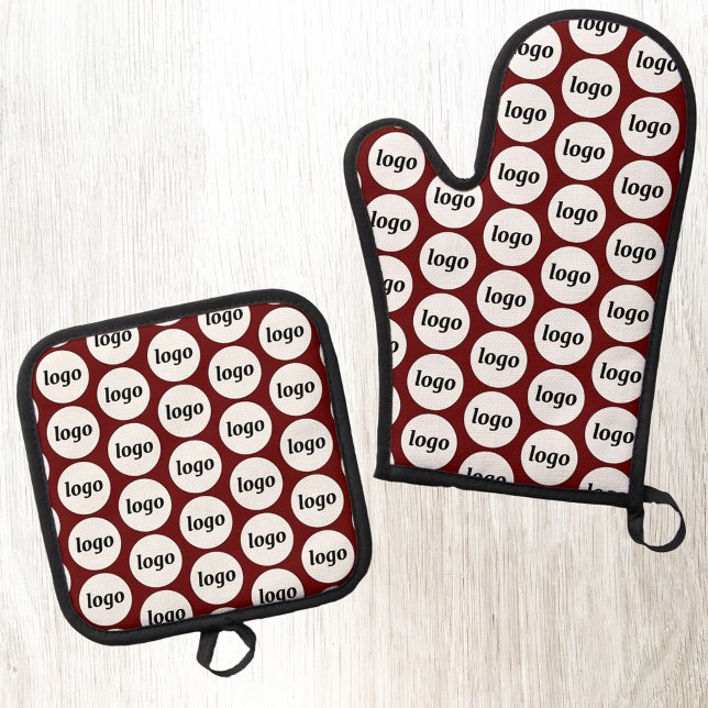 Logo Business Promotional Pattern Burgundy Red Oven Mitt & Pot Holder Set (Simple logo pattern business promotional oven mitt and pot holder)