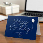 Logo Business Simple Blue White Balloon Birthday Card<br><div class="desc">Celebrate professional relationships with style using this minimalist simple navy blue and white business birthday card. Featuring elegant script "Happy Birthday" text in white and a simple balloon illustration, this card exudes sophistication and warmth. Designed with versatility in mind, it includes a place for your logo on the front side,...</div>