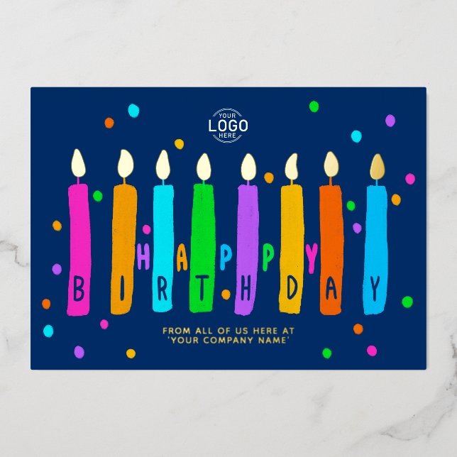 Logo Candles Navy Blue Business Birthday Gold Card (Front)