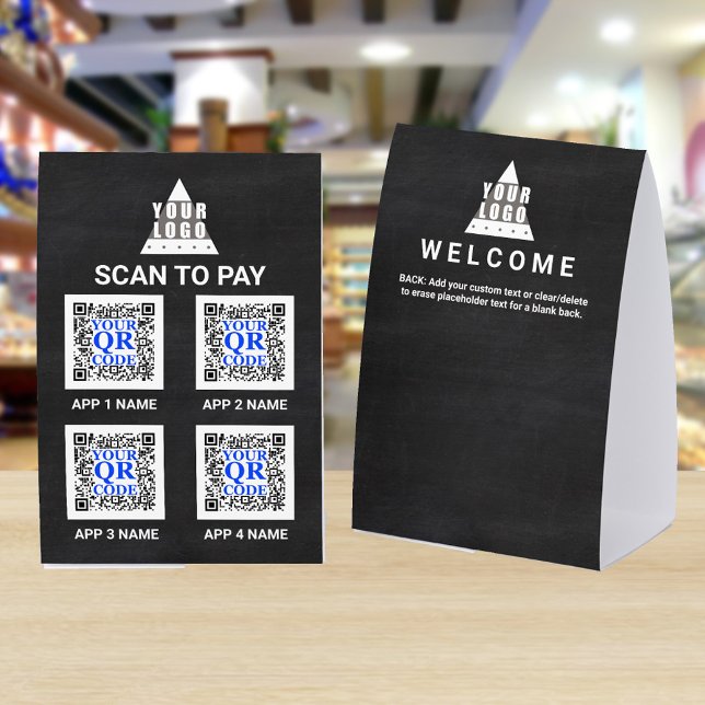 Logo Chalkboard 4x6 QR Code 4 Apps Scan To Pay (Add up to 4 QR code images for your custom scan to pay table top signs)