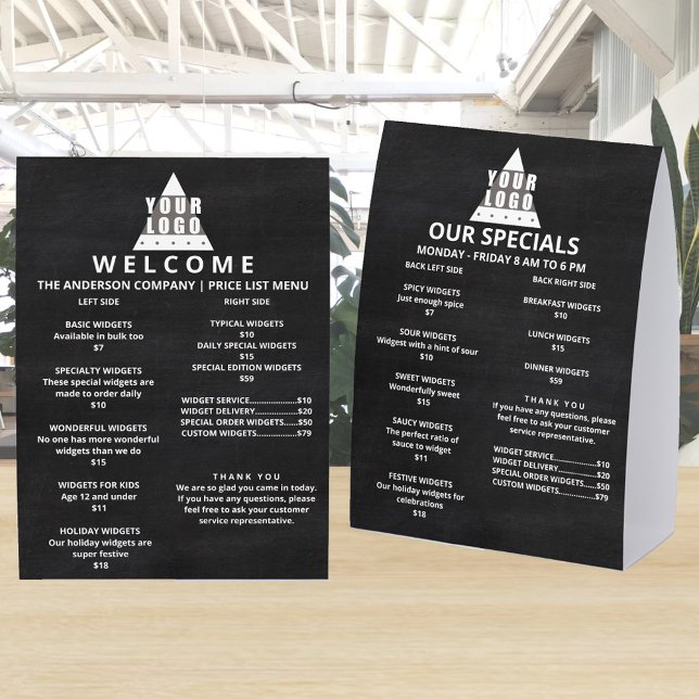 Logo Chalkboard 5x7 Promotion Double Column List (Double column 5 x 7 custom paper table tents featuring your corporate logo)