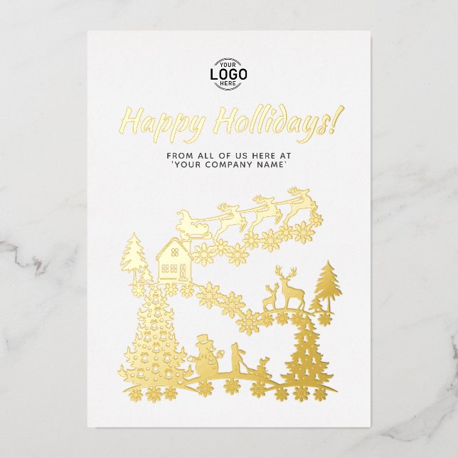 Logo Christmas Scene Gold White Holidays Card (Front)