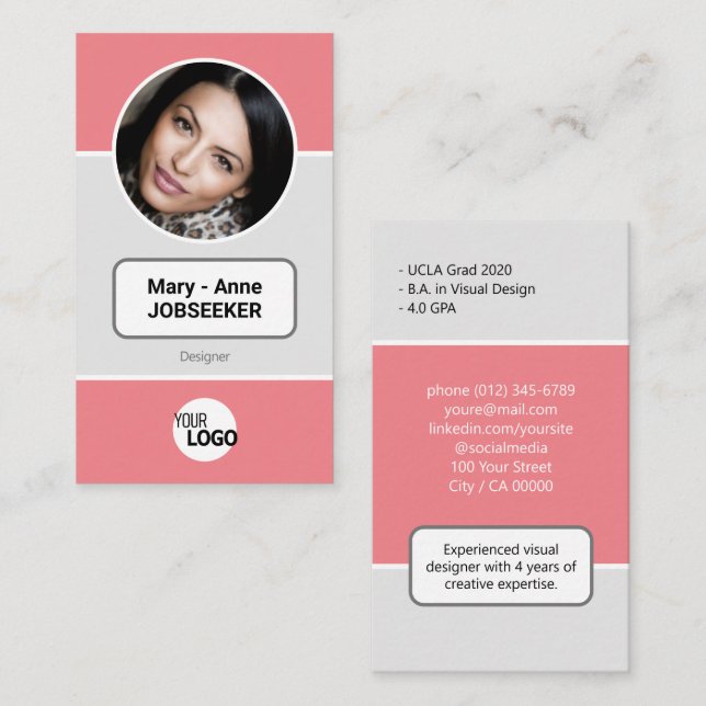 Logo Circle Frame Classic Job Seeker Classy Pink Business Card (Front/Back)