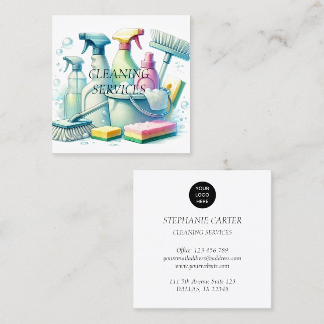 Logo Cleaning Services Watercolor Commercial Square Business Card (Front/Back)