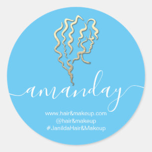 Logo Company Name Beauty Studio Blue Classic Round Sticker