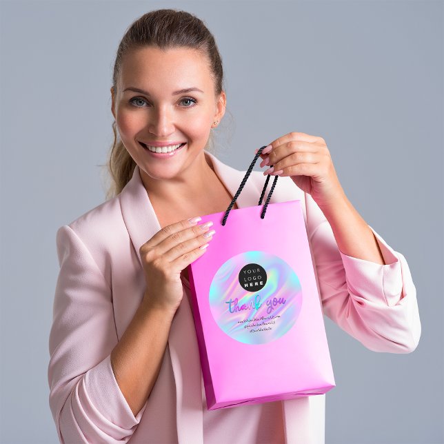 Logo Company Name Thank You Holograph Pastel Pink Classic Round Sticker (Logo Company Name Thank You Holograph Pastel Pink Classic Round Sticker)