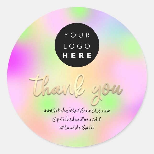 Logo Company Name Thank You Shopping Pink Holograp Classic Round Sticker (Front)