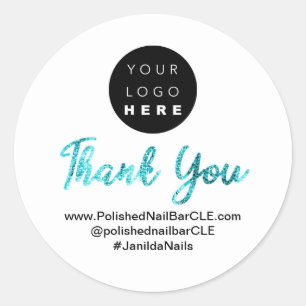 Logo Company Name Thank You Shopping White Blue Classic Round Sticker