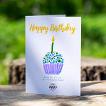 Logo Corporate Purple Blue Green Cupcake Birthday Card<br><div class="desc">Celebrate birthdays in a fun and professional way with this custom corporate happy birthday card featuring a simple, cute purple, blue and green watercolor cupcake with a single cheerful candle. Set against a clean white background, which can be customised to any colour, this modern and stylish design is perfect for...</div>