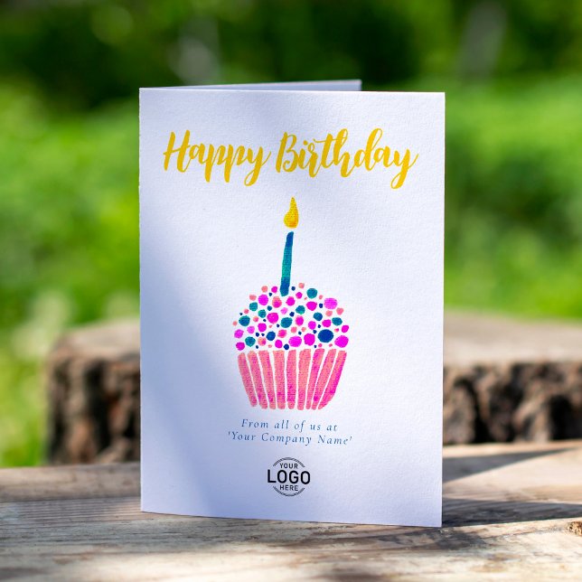 Logo Corporate Simple Pink Blue Cupcake Birthday Card (Creator Uploaded)