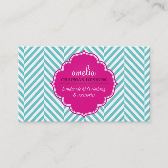 LOGO cute bold herringbone pattern turquoise pink Business Card (Front)